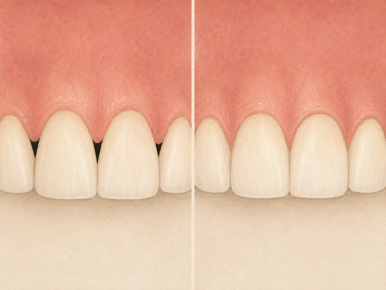 Illustration showing upper front teeth before and after black triangle closure. The left side shows small dark triangular gaps at the gumline between teeth; the right side shows the same teeth with the gaps closed.