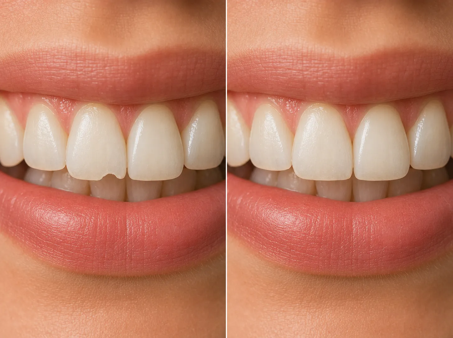 Before and after of a chipped front tooth corner repaired with composite bonding (representative image)