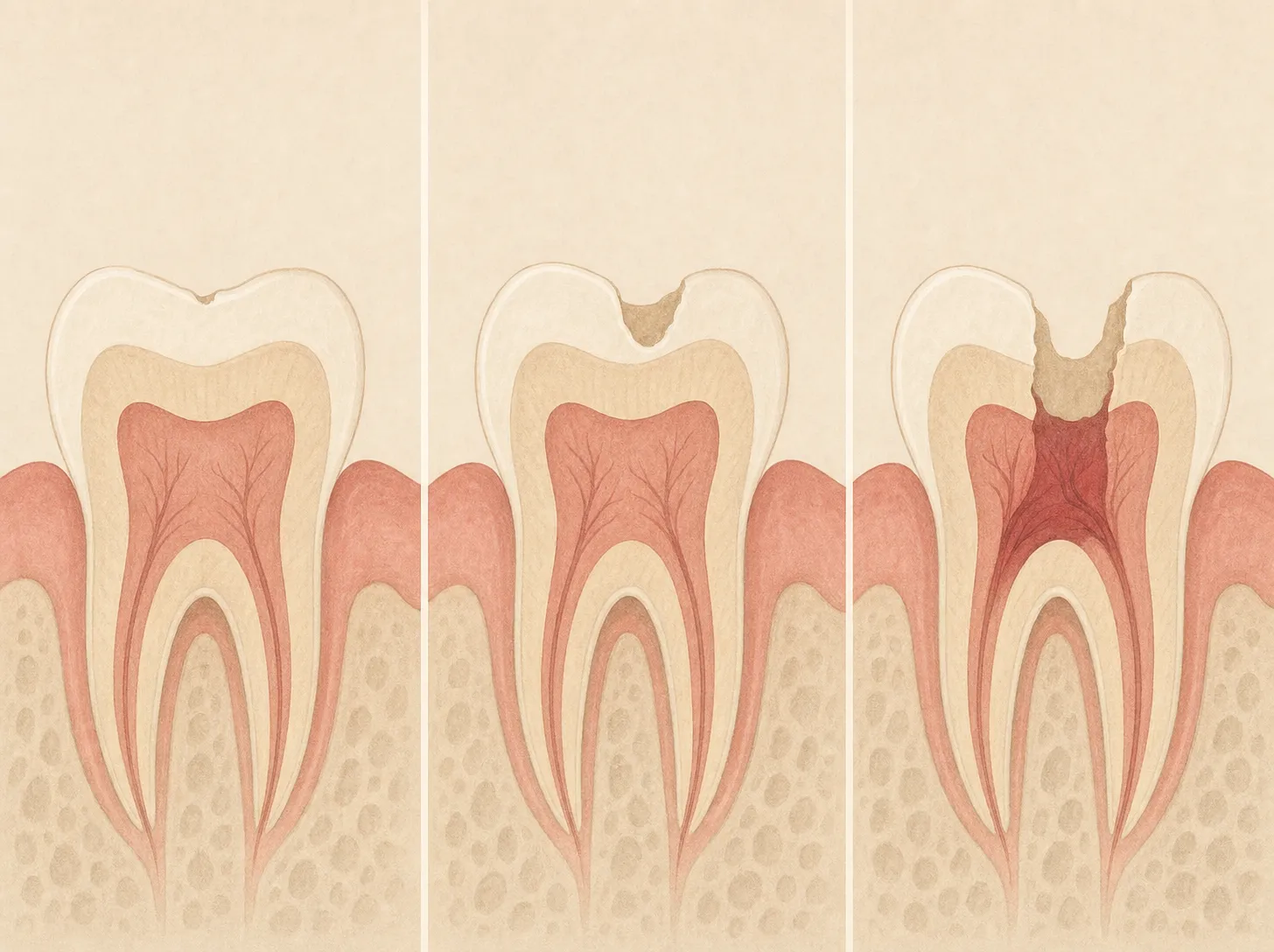 Diagram showing three chip depths in a front tooth: enamel only, into the dentin, and reaching the pulp