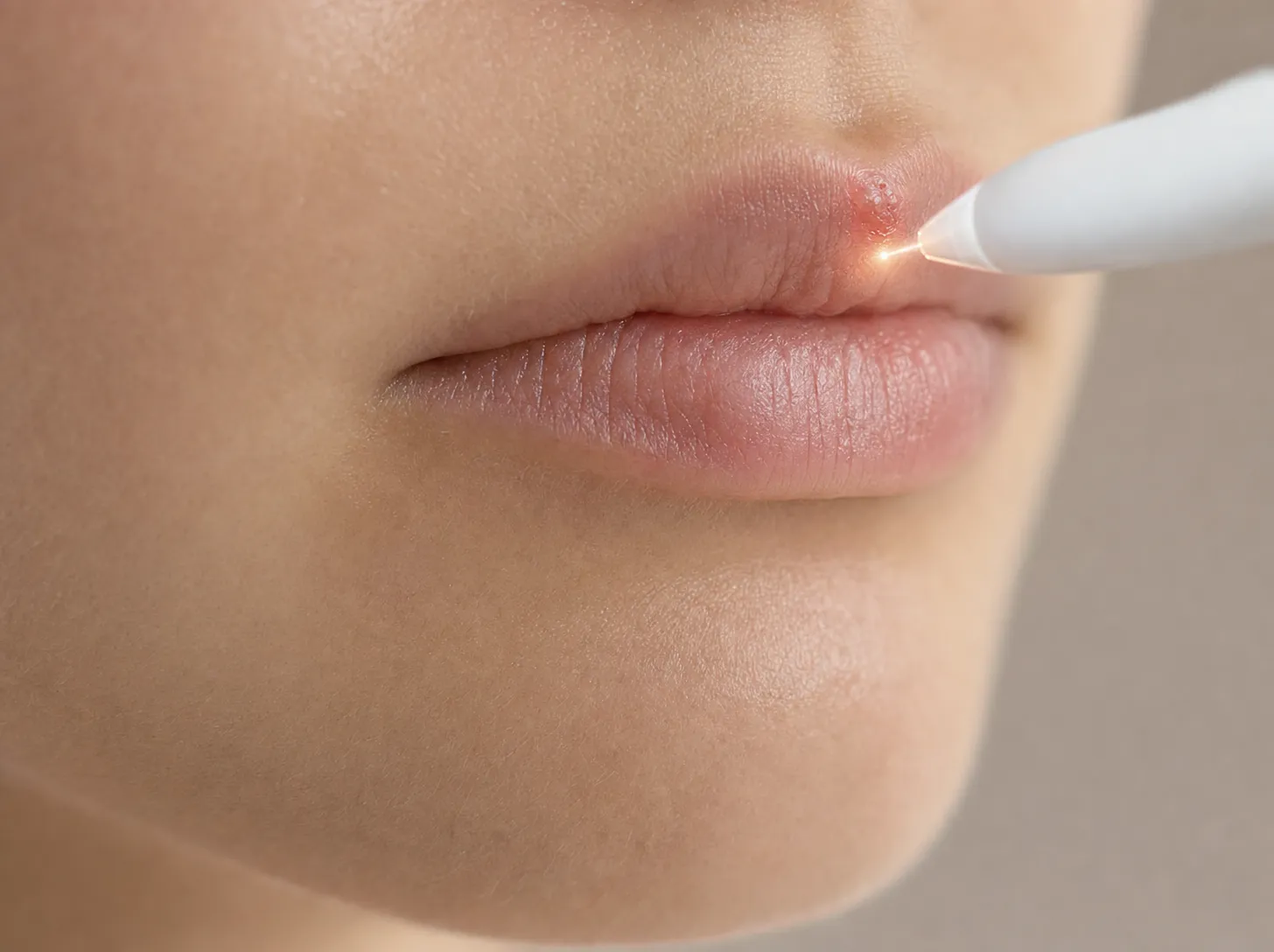 Close-up of a dental laser tip hovering just above a cold sore on the upper lip during non-contact treatment