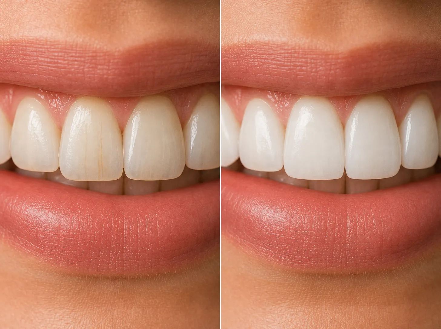 Before and after of a front tooth with a stained craze line blended with composite bonding (representative image)