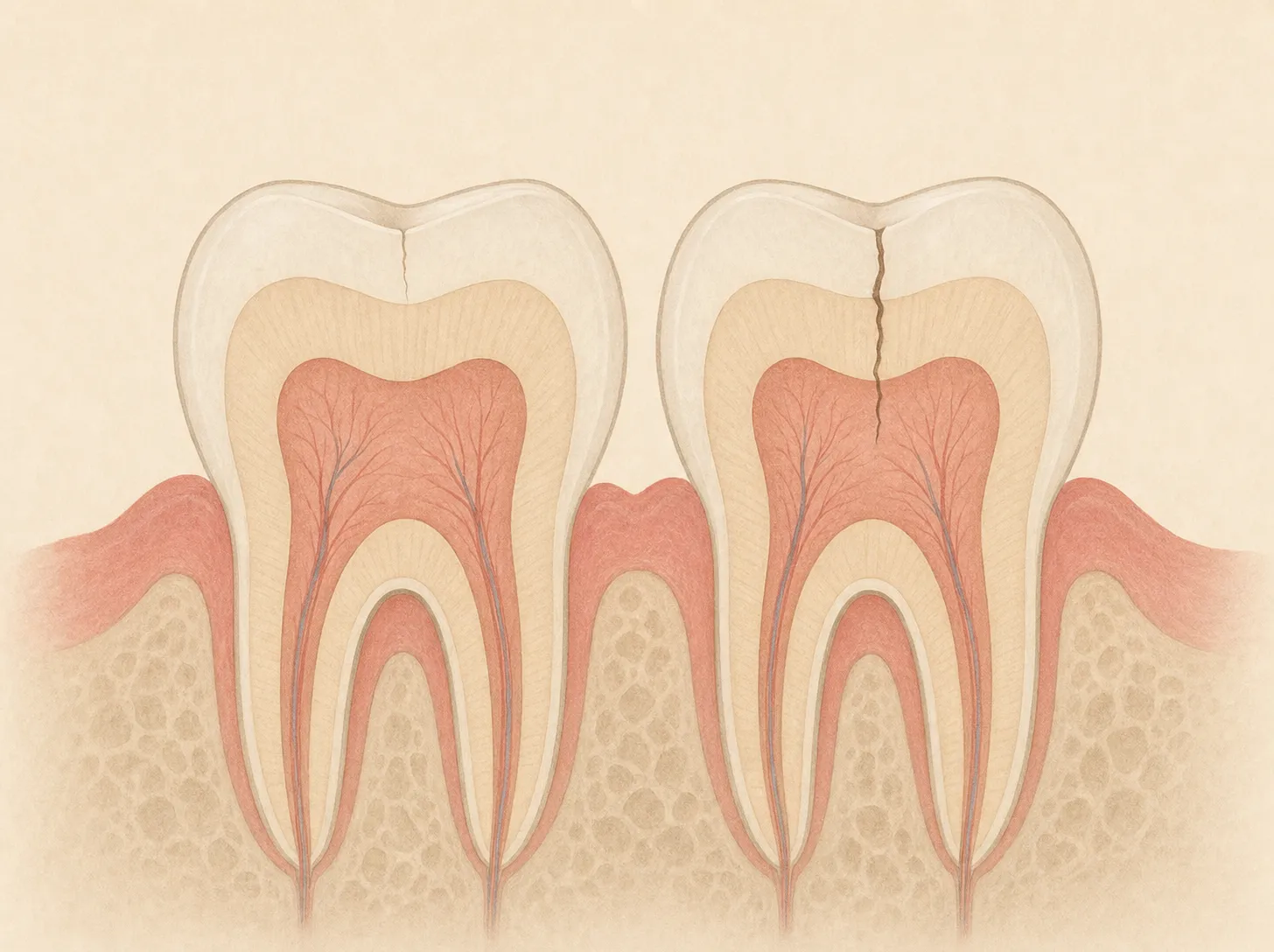 Diagram showing a shallow craze line confined to tooth enamel versus a deeper crack extending into the dentin