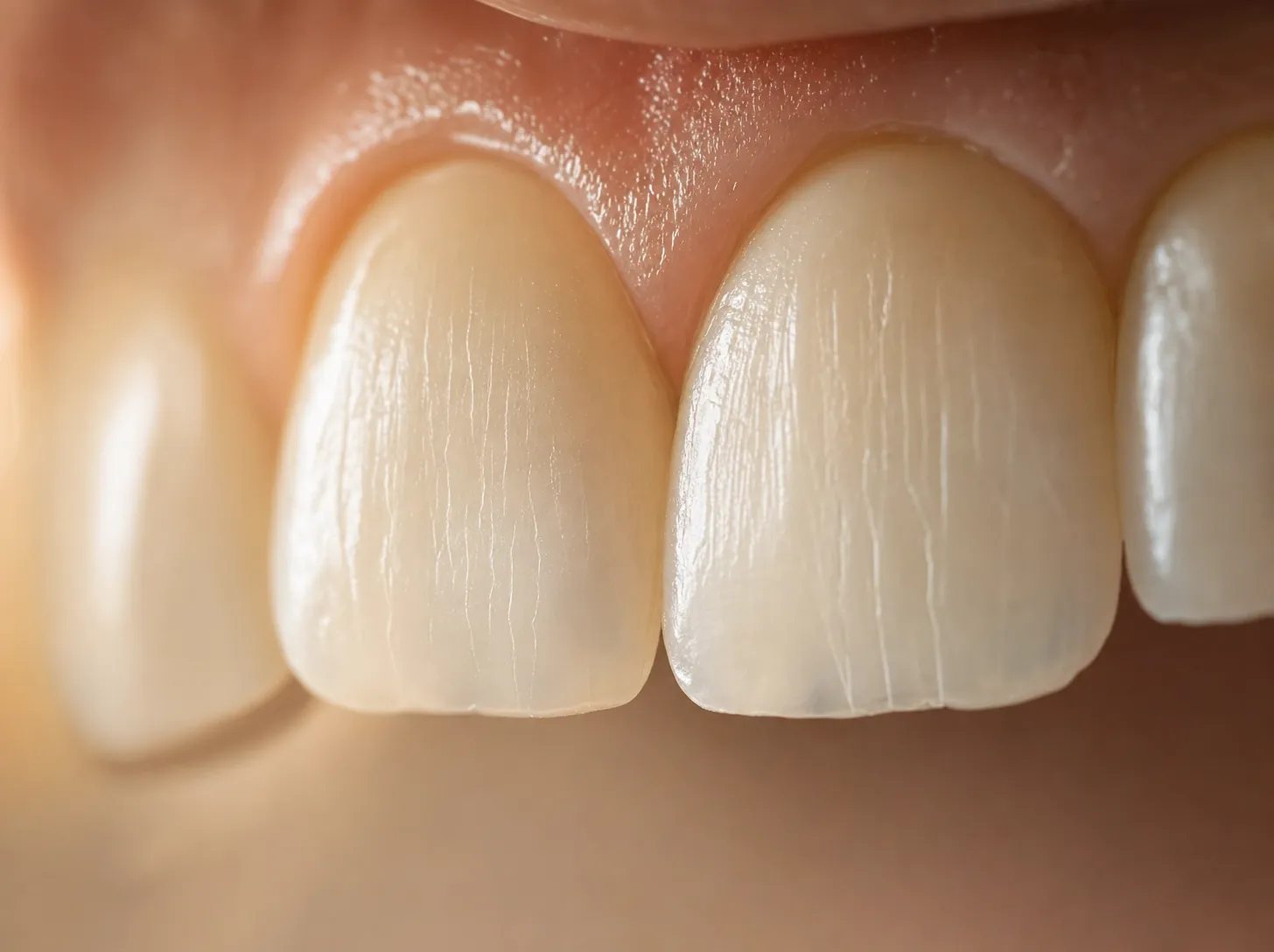 Close-up of front teeth with faint vertical craze lines visible in the enamel