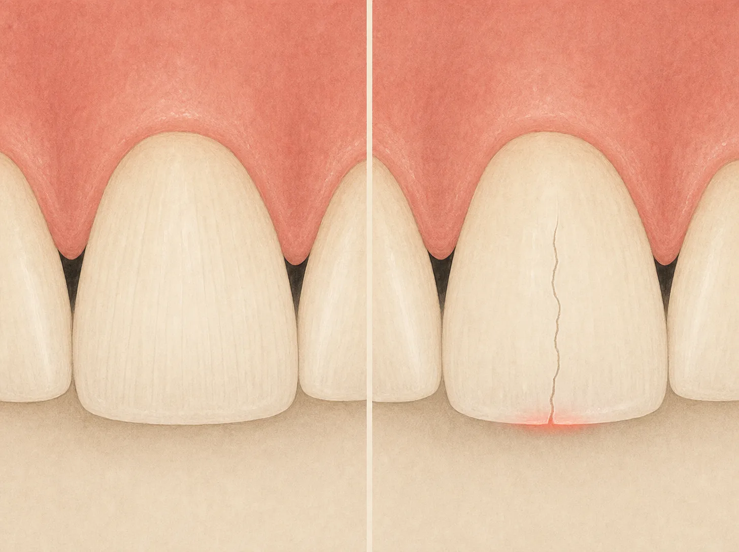 Illustration comparing a harmless surface craze line with a deeper cracked tooth that causes pain on biting