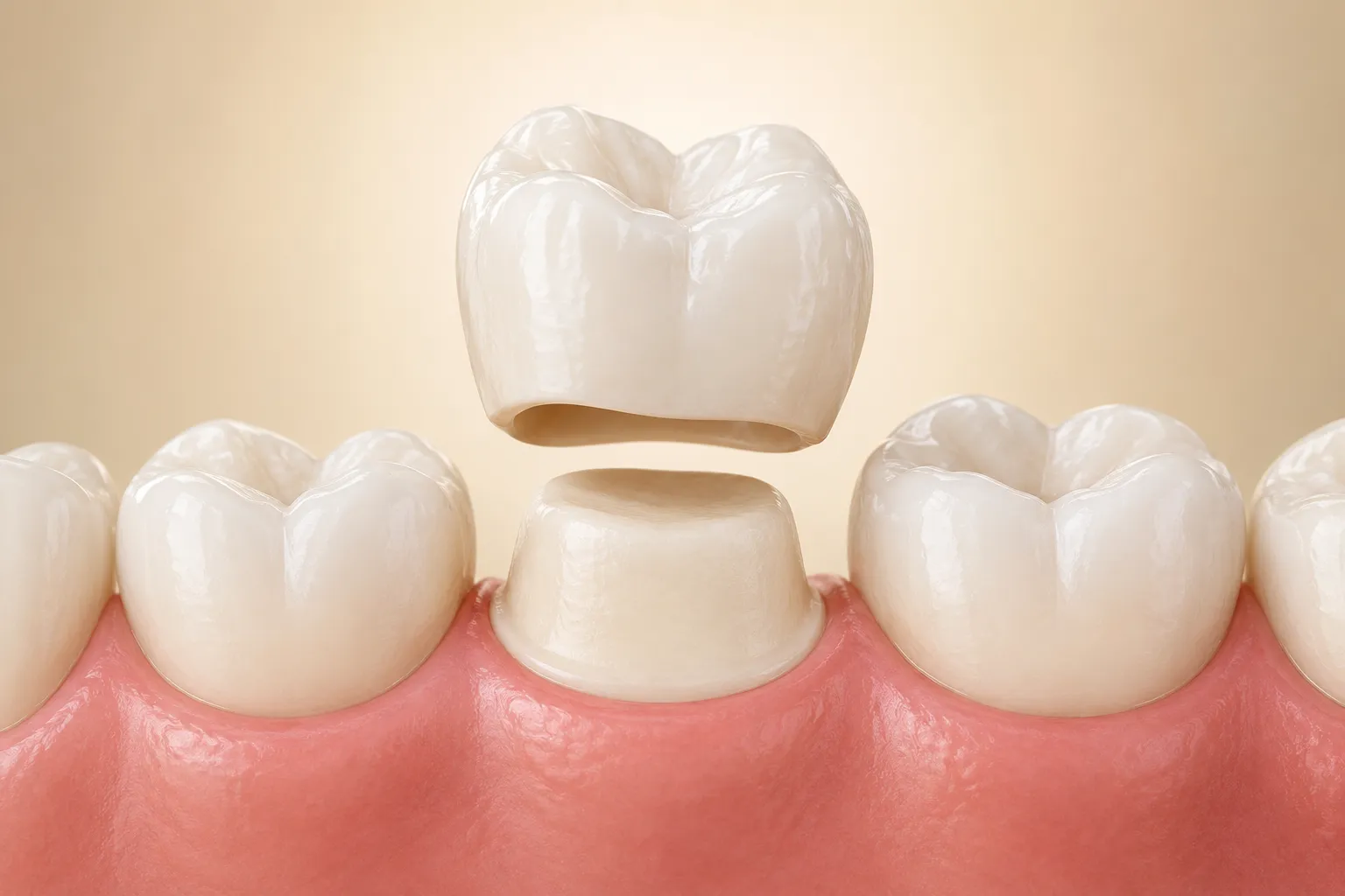 A dental crown lowering onto a prepared tooth between healthy teeth and gums, illustrating a Nashville dental crown restoration