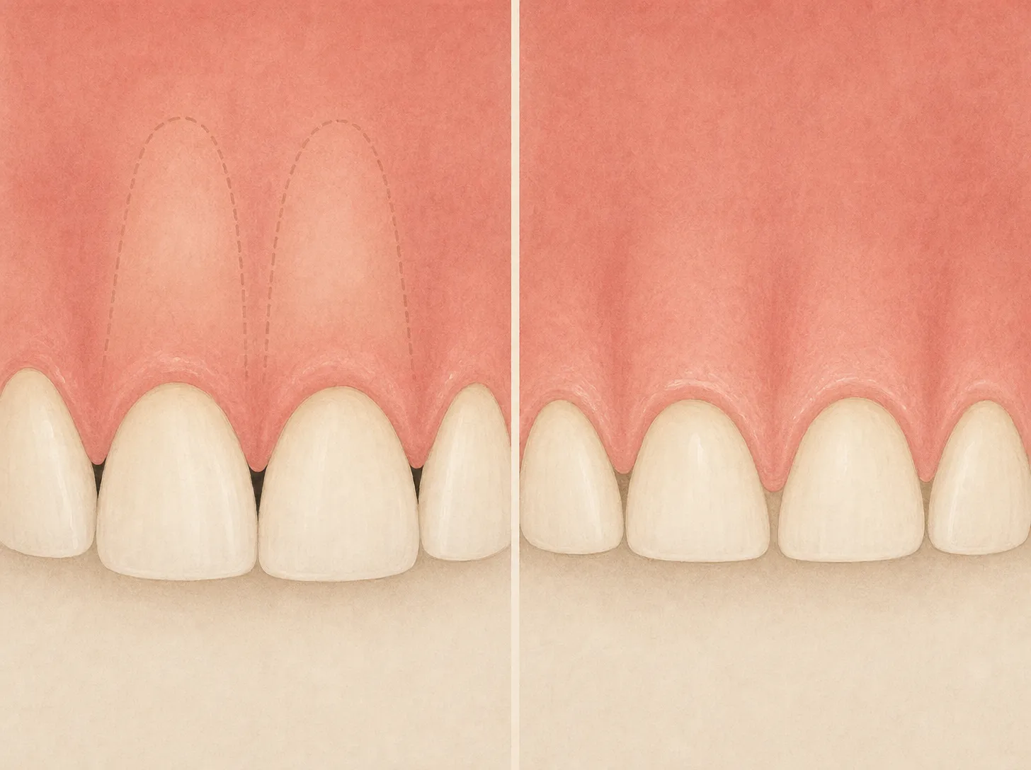 Diagram comparing a tooth partly covered by excess gum tissue with a genuinely undersized microdontia tooth