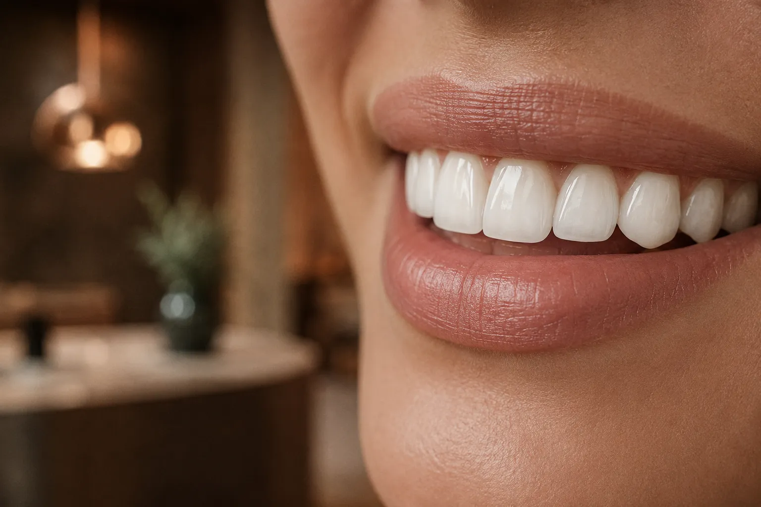 Close-up of a natural, bright smile with porcelain veneers in a warm Nashville dental studio