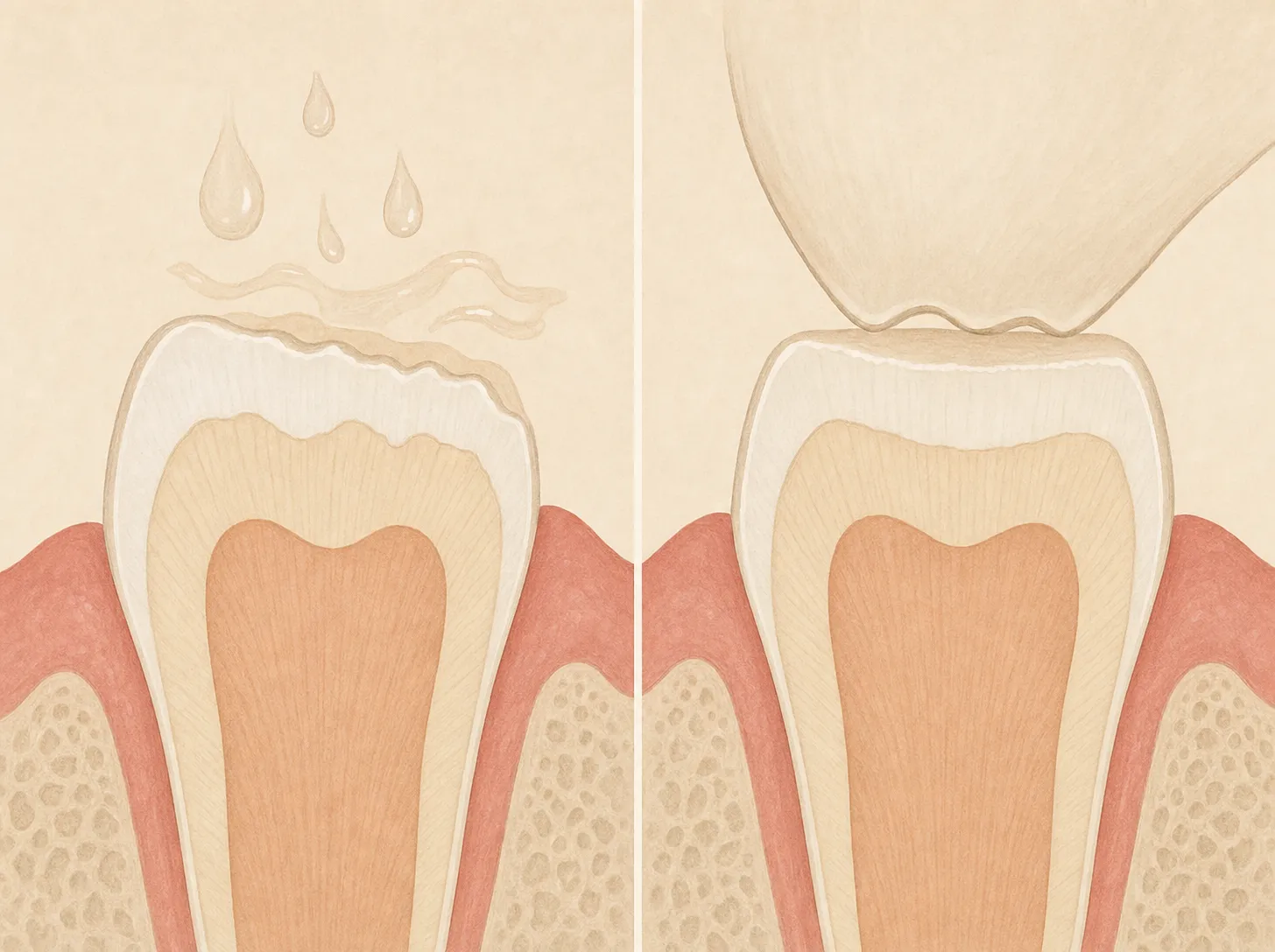 Cross-section illustration showing enamel thinning from acid erosion versus mechanical wear from grinding