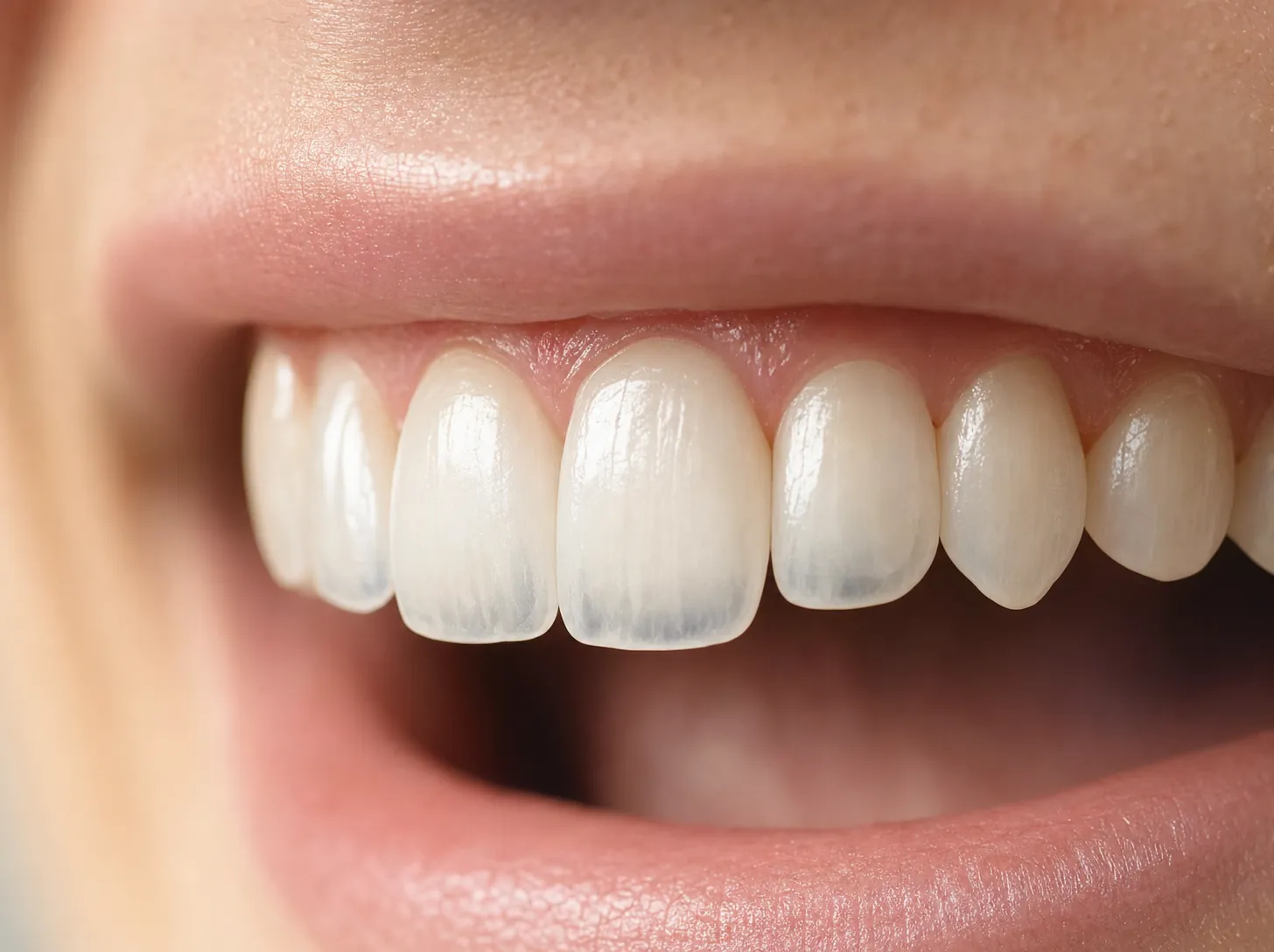 Close-up of upper front teeth with translucent, see-through biting edges