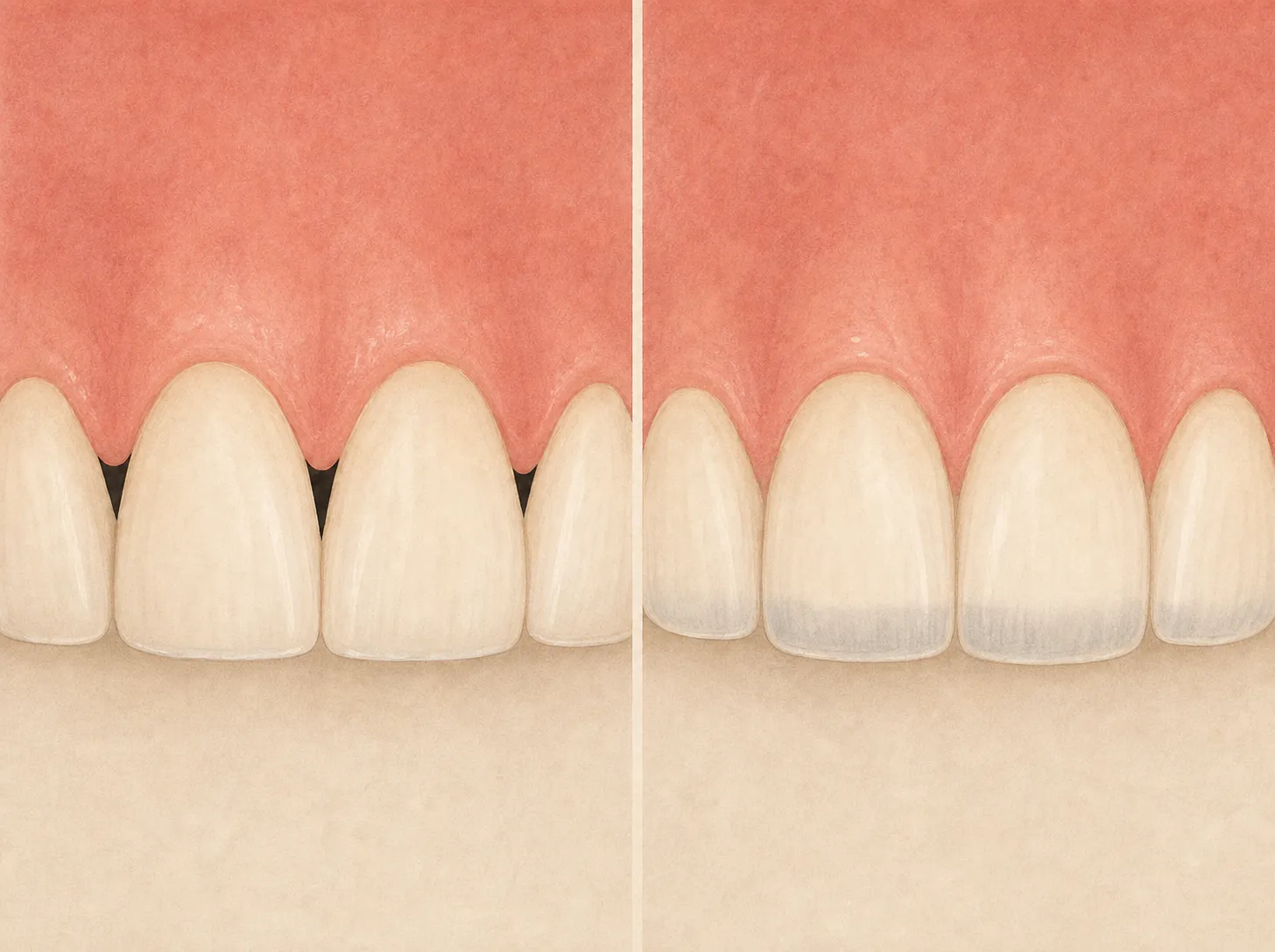 Illustration comparing normal thin edge translucency to a wide grey translucent band from enamel thinning