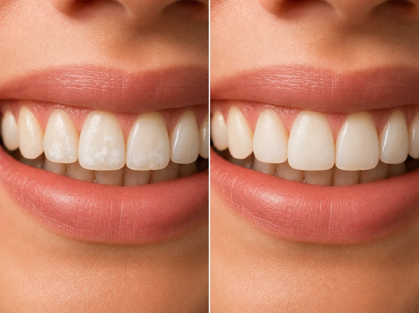 Before and after of white spots on front teeth blended with resin infiltration (representative image)