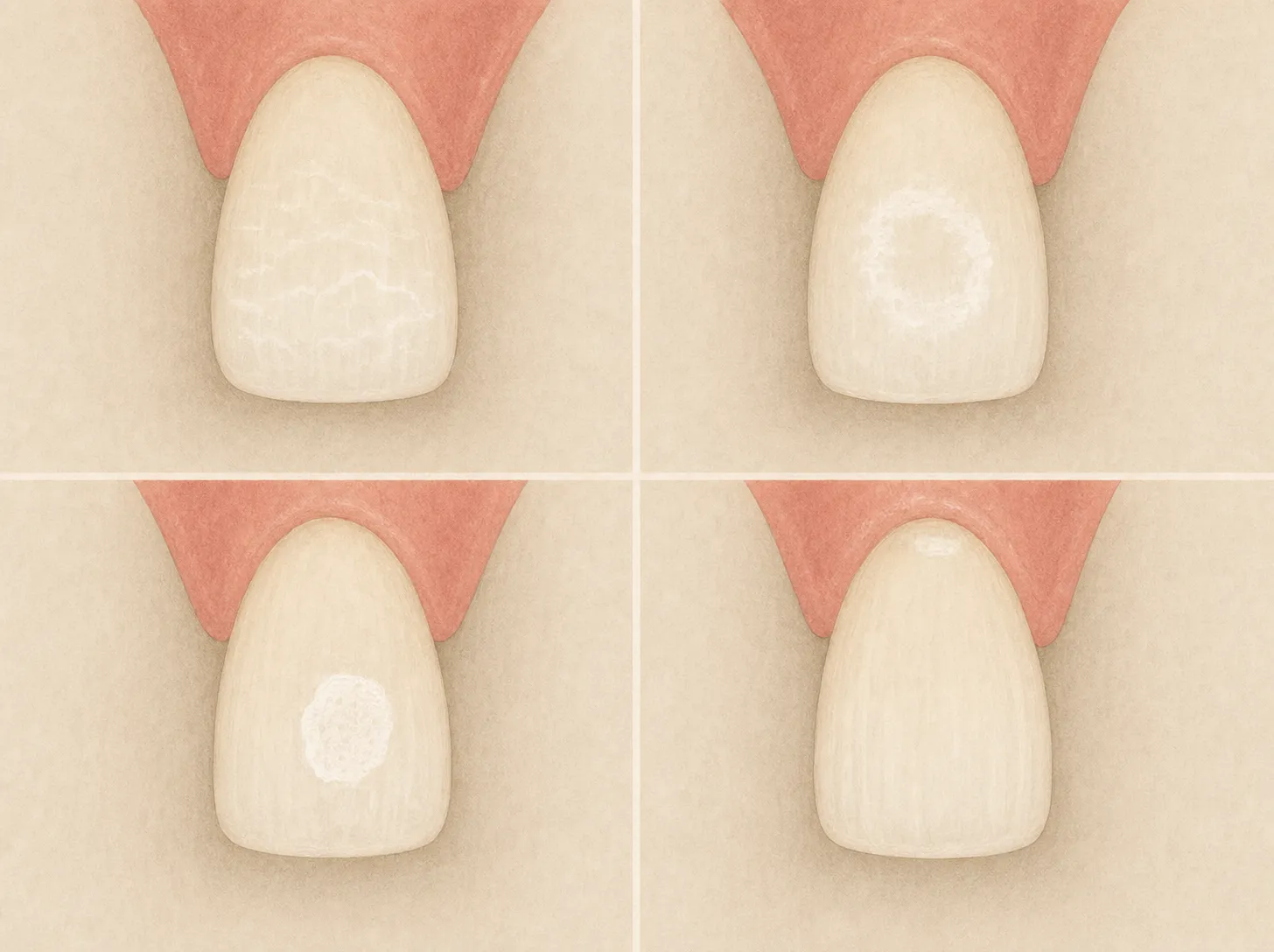 Diagram of the four causes of white spots on teeth: fluorosis, decalcification, enamel hypoplasia, and early decay