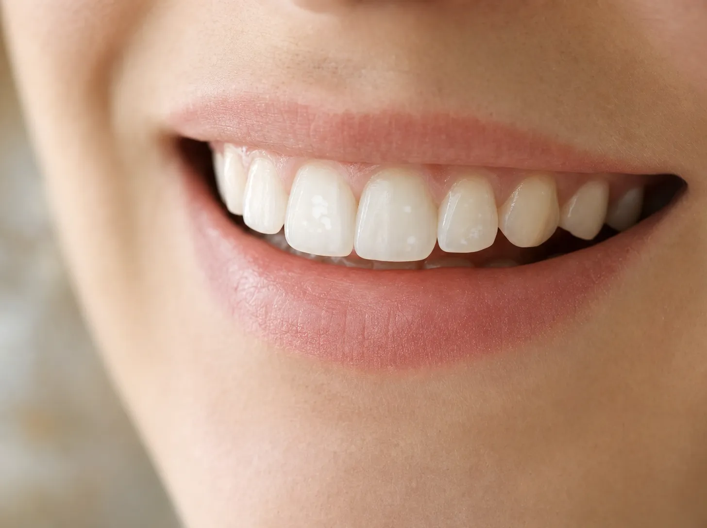 Close-up of a smile showing faint chalky white spots on the front teeth